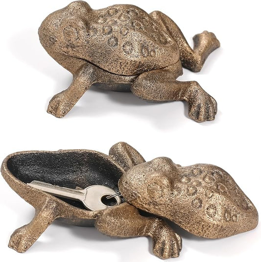Outdoor Frog Key Hider, Cast Iron Frog Statue and Keys Hiders for Outside, Decorative Hidden Keys Holder, Antique Gold Hide a Key for Indoor Garden Yard Patio Decor