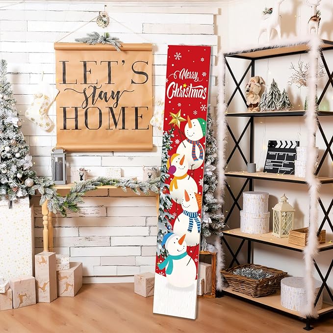 Merry Christmas Wooden Porch Sign 47.3'' Snowman Stack Snowflake Welcome Porch Signs Vertical Standing Xmas Wooden Hanging Decoration for Garden Home Front Door Yard Farmhouse Outdoor Indoor Decor