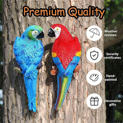 Teaeeno 2Pcs Resin Wall Bird Statue Decor,Real Parrot Sculpture Home Decor,Outdoor Indoor Figurine Ornaments-Garden Tree Sculpture,Resin Animal Statue for Garden, Terrace, Lawn, Yard