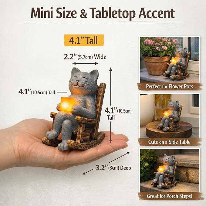 Lyeasw Cat Solar Garden Statues - Outdoor Decor for Patio, Lawn, Yard, Porch- Miniature Cute Cat Outdoor Figurine with LED Lights - Housewarming Birthday for Women, Mom, Cat Lovers