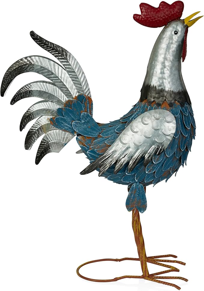 Alpine Corporation 23" Tall Outdoor Metal Silver Tail Rooster Statue with Vibrant Design, Garden Decor, Silver/Blue