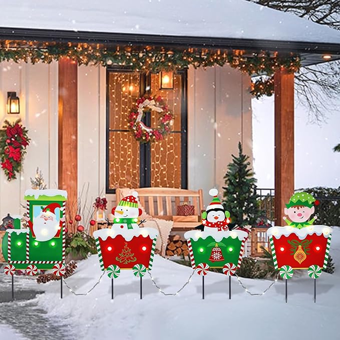 Christmas Yard Stakes Light Up Christmas Yard Decorations with LED Santa Claus Snowman Penguin Clown in Train Lighted Metal Garden Stakes Outdoor Xmas Stake Lawn Pathway Outdoor Decoration