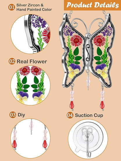 KY&BOSAM Butterfly Suncatchers DIY Stained Glass Suncatcher for Windows Ornament Wind Chime with Pressed Flower Embedded in Glass Birthday Gifts for Mom Mother`s Valentine's Day