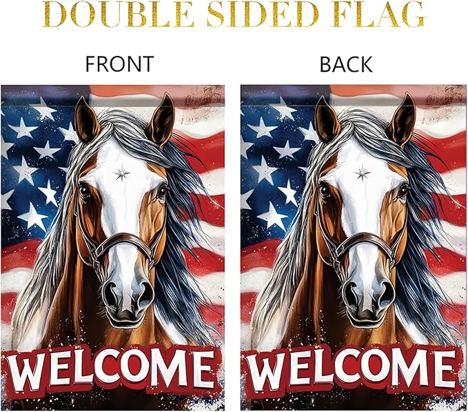 Spring Summer Garden Flag 12x18 Inch Patriotic Horse Welcome American Outdoor Western Farm Animal Design Outdoor Yard Porch Lawn for Seasonal Americana Country Home Decor