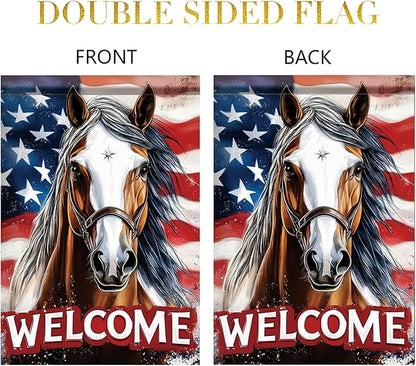 Spring Summer Garden Flag 12x18 Inch Patriotic Horse Welcome American Outdoor Western Farm Animal Design Outdoor Yard Porch Lawn for Seasonal Americana Country Home Decor