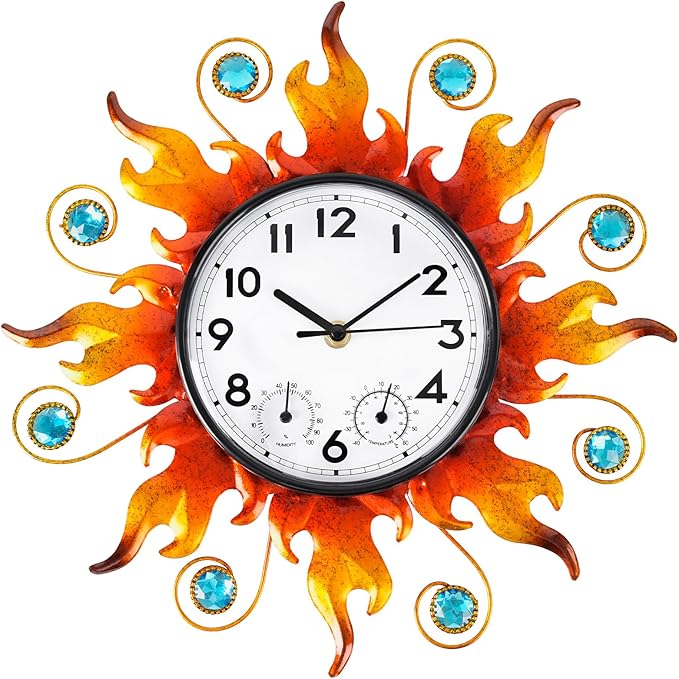 Sun Outdoor Clock with Thermometer and Hygrometer Combo，13'' Wall-Mounted Outdoor Clocks Waterproof Silent No-Ticking for Home, Office, Bedroom, Living Room, Kitchen, Bathroom, Outdoor use