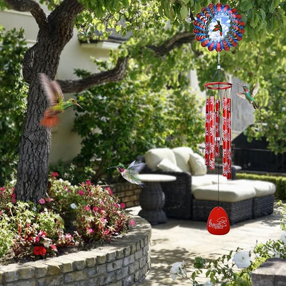 33" Memorial Sympathy Wind Chimes | Deep Tone Hummingbird Windchime with Animated Spinner, Waterproof Outdoor Garden Decor- Gift for Men/Women/Mom/Dad/Housewarming/Christmas