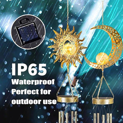 Moon Sun Wind Chimes for Outside Lights Gifts for Mom Wife Unique Crackle Glass LED Warm Light Outdoor Hanging Decor Windchimes for Garden Yard Patio Christmas Birthday Mothers Day
