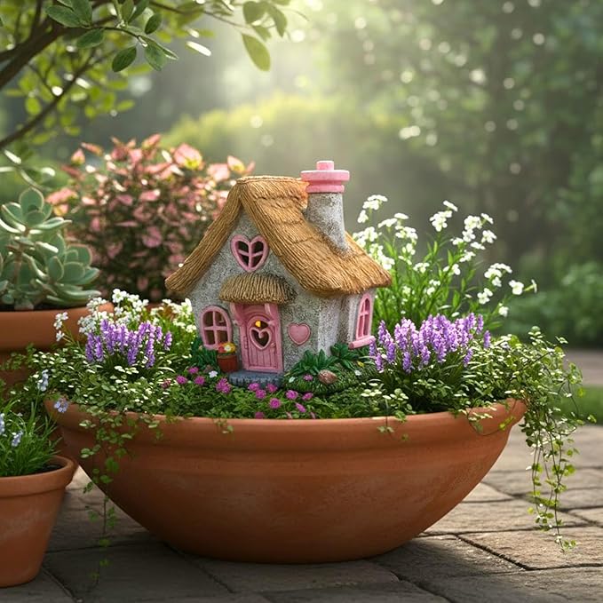 PRETMANNS Fairy House for Outside with Solar Powered LED Lights for Garden - Fairy Garden Houses for Outdoor - Miniature Accessories for Cottage Decor for Village - 7.56” High, Pink