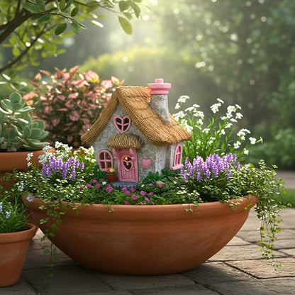 PRETMANNS Fairy House for Outside with Solar Powered LED Lights for Garden - Fairy Garden Houses for Outdoor - Miniature Accessories for Cottage Decor for Village - 7.56” High, Pink