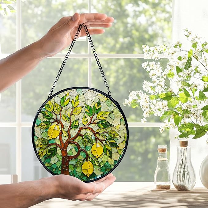 Italian Lemon Kitchen Suncatchers Stained Glass Window Hanging, Lemon Kitchen Decor, Summer Mediterranean Sun Catchers Indoor Window Glass Round Wall Decor, Italian Wall Hanging, 7.9x7.9in
