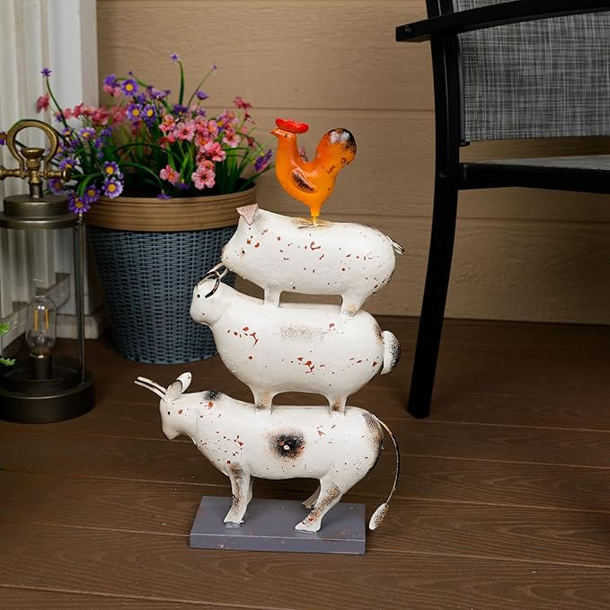 Alpine Corporation MBG188HH Metal Stacked Farm Animals Decor, Outdoor Statue for Patio, Lawn & Garden, 19" H, Multicolor