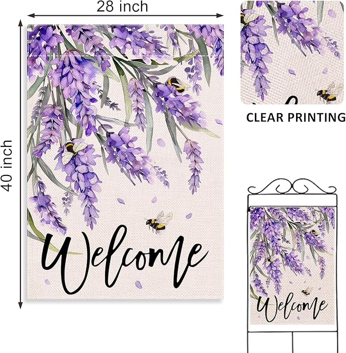 Welcome Spring Lavender Decorative House Flag, Purple Floral Flowers Bee Garden Yard Outside Decorations, Summer Farmhouse Outdoor Large Home Decor Double Sided 28 x 40