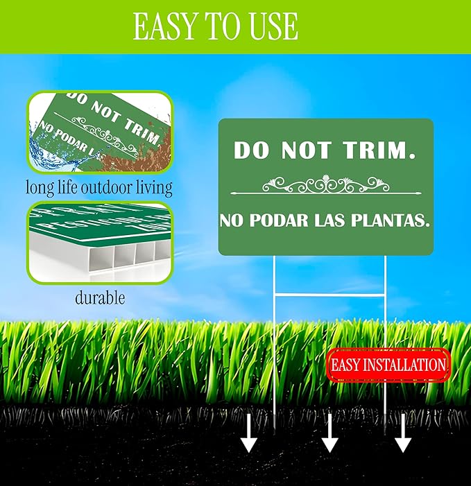3 Pcs 12x8 Inches Corrugated Plastic Do Not Trim Yard Signs with Metal Stakes - Bilingual Plastic Plant Signs or Garden Markers for Outdoor Lawn - Double Sided No Trim or Mow Signs