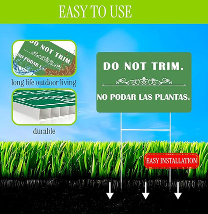 3 Pcs 12x8 Inches Corrugated Plastic Do Not Trim Yard Signs with Metal Stakes - Bilingual Plastic Plant Signs or Garden Markers for Outdoor Lawn - Double Sided No Trim or Mow Signs
