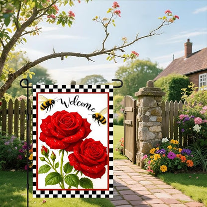 IVN Welcome Garden Flag 12x18 Inch Double Sided Spring Summer Garden Yard Flags Red Rose Flowers Bees Decorative Small Flags for Outdoor Seasonal Front Door Lawn Porch Patio Decor Yard Flag