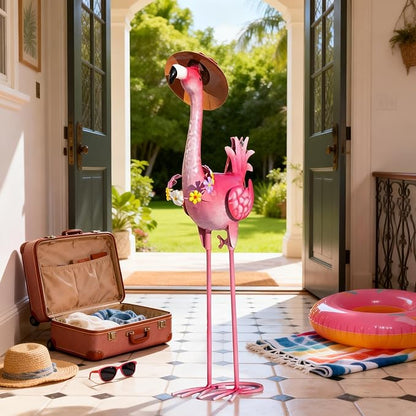 Natelf Flamingo Metal Garden Statue Outdoor Pink Hawaii Flamingo Yard Art Sculpture Decor with Flower Lei & Straw Hat, Waterproof Rust-Proof Lawn Decor for Patio, Poolside, Tropical Party