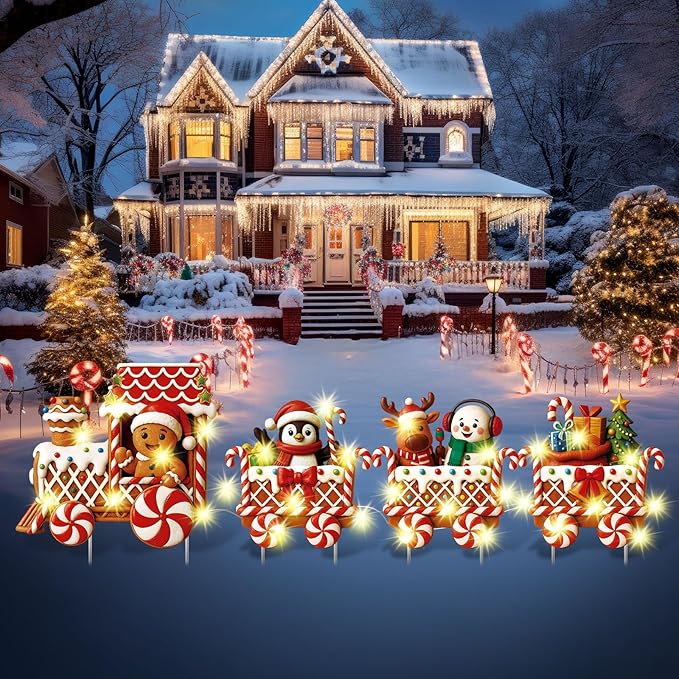 Marsui 4 Pcs Christmas Train Decoration Yard Sign with 4 LED Light Lawn Sign Christmas Red Gingerbread Penguin Snowman Train Set with 8 Stake for Xmas Garden Outdoor Holiday Party Decor