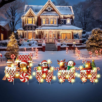 Marsui 4 Pcs Christmas Train Decoration Yard Sign with 4 LED Light Lawn Sign Christmas Red Gingerbread Penguin Snowman Train Set with 8 Stake for Xmas Garden Outdoor Holiday Party Decor