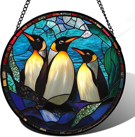 CHATYOUNG Stained Glass Window Hanging Blue Ocean Penguin Landscape 9.8" - Fine Suncatcher Door Garden Sun Catcher Decor Birthday Christmas for Mom Woman Nana Friend Men Wife