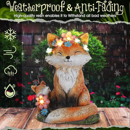 Leinuosen Mom and Baby Fox Gift Statue for Women Solar Powered Garden Decor Outdoor Lighted Resin Mother's Day Fox Gifts for Mama Grandma Patio Porch Yard Lawn Courtyard Backyard Indoor
