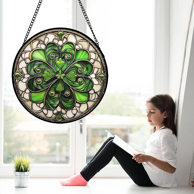 DASTOLL Stained Glass Window Hanging St. Ripak Festival Green Lucky Clover Large 15" - Suncatcher Door Garden Sun Catcher Ireland Decor Mother's Day for Mom Woman Her Men Sisters