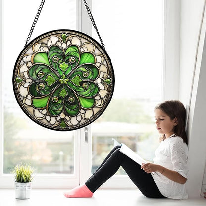 DASTOLL Stained Glass Window Hanging St. Ripak Festival Green Lucky Clover 9.8" - Suncatcher Door Garden Sun Catcher Ireland Decor Mother's Day for Mom Woman Her Men Sisters