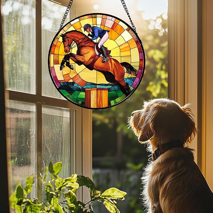 DASTOLL Stained Glass Window Hanging Equestrian Sports 7.8" - Horse Suncatcher Door Garden Sunroom Sun Catcher Home Decor Birthday Christmas for Mom Men Woman Nana