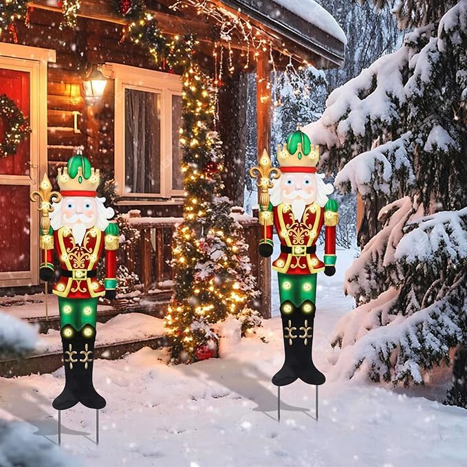 WONDER GARDEN Outdoor Nutcracker Christmas Yard Stakes, Metal Yard Signs, Led Light Soldier King Christmas Yard Decorations for Lawn Party Decorations