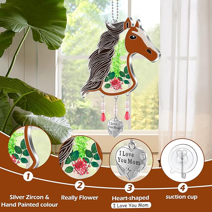 KY&BOSAM Suncatcher Horse Head Glass Hand-Painted I Love You Mom Suncatchers Ornament hangings Wind Chime with Pressed Flower Horse Embedded in Glass Window Mother`s Day Birthdays…