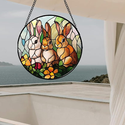 Stained Glass Window Hanging - 3 Cute Rabbits Suncatcher for Doors Garden Patio Bunny Sun Catchers Decor Christmas Mother's Day Birthday Teenager Gifts for Women Men Mom Nana Friend 15 in