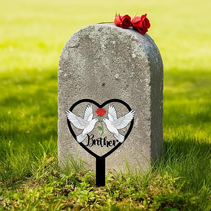 Brother Grave Decorations for Cemetery - Heart Metal Memorial Stake with Doves - Sturdy Waterproof Brother Remembrance Plaque - Graveside Burial Markers, Loss of Brother Gift(White Dove)