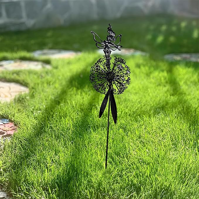 Flower Fairy Dancing with Dandelion Garden Sculpture,Angel Metal Ornaments Stainless Steel Statue Decorations,Wonderland Outdoor Yard Lawn Patio Stakes Sculptures Decor (B)