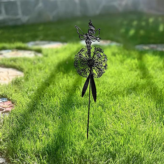 Flower Fairy Dancing with Dandelion Garden Sculpture,Angel Metal Ornaments Stainless Steel Statue Decorations,Wonderland Outdoor Yard Lawn Patio Stakes Sculptures Decor (B)