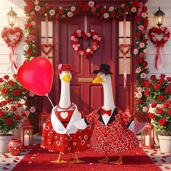 Abbylike 2 Sets Wedding Porch Goose Outfits Red Heart Porch Yard Goose Outfits Clothes Costume Fits Large 23'' Cement for Valentine's Day Garden Yard Statue Pathway Decorations