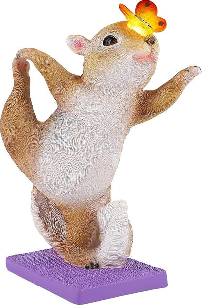 Solar Light Garden Statue Squirrel Figurine, Resin Squirrel Doing Yoga with Lighted Butterfly, Waterproof Spring Outdoor Ornaments for Garden, Front Door, Patio Decor & Gifts for Mother's Day