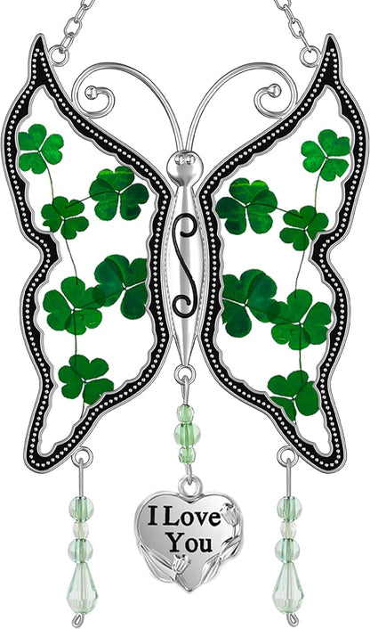 KY&BOSAM Shamrock Butterfly Suncatcher I Love You Irish Stained Glass for Windows Hangings Ornament for Wind Chiem Real Flower Wings Gift fo Women St Patrick's Day Mothers Day Valentine's Home Decor