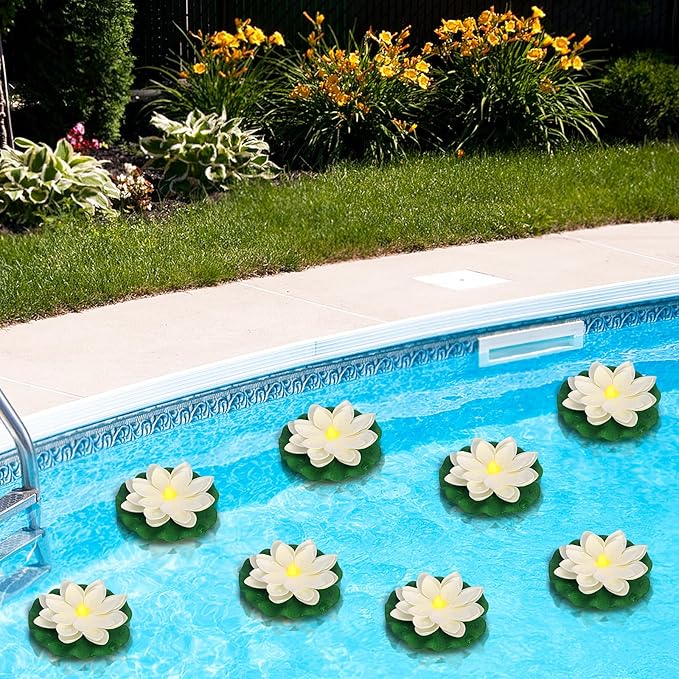 LACGO 24 PCS Waterproof Floating Lotus Lights - 5 Inch Floating Pool Flowers Battery Operated Water Activated Warm White Pool Flower Lights Wedding Anniversary Garden Decoration