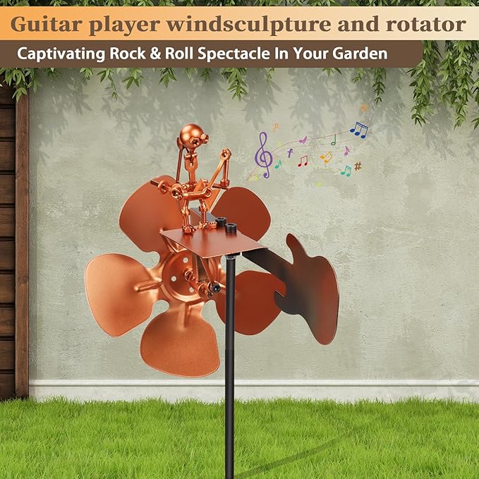 Guitar Windmill,Handmade Metal Drummer Windmill,Metal Rock Band Wind Mill for Yard and Garden,Wind Spinners Outdoor Art Sculpture