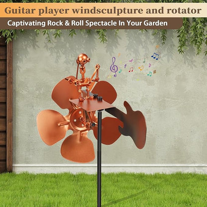 Guitar Windmill,Handmade Metal Drummer Windmill,Metal Rock Band Wind Mill for Yard and Garden,Wind Spinners Outdoor Art Sculpture