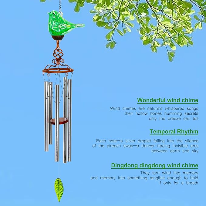 Wind Chimes, Solar Glass Bird Shape, LED, Outdoor Lawn and Patio Glass and Metal Decoration, 7 x 4 x 44 Inch (Green)