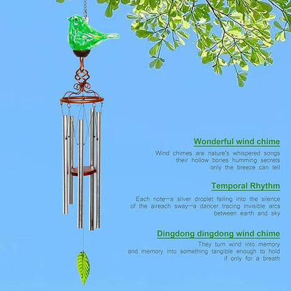 Wind Chimes, Solar Glass Bird Shape, LED, Outdoor Lawn and Patio Glass and Metal Decoration, 7 x 4 x 44 Inch (Green)