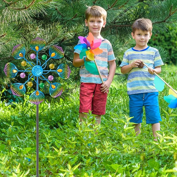 2PCS Wind Spinners Outdoor, 37" Metal Wind Sculpture Yard Art Decorations, Freestanding Windmill for Patio Lawn Garden Decor (2pcs-Blue Green)