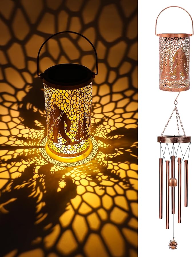 Solar Wind Chimes for Outside - Bigfoot Gifts Hanging Solar Lanterns with Metal Windchimes Sasquatch Outdoor Decor Garden Patio Yard Decoratoin Christmas Birthday Gift for Women Mom Grandma