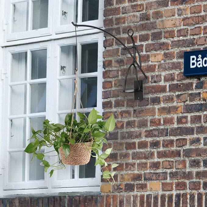 Gute Fisherman Stick Man Plant Hanger, Creative Wall Mount Metal Decor Plant Holder for Balcony Garden Porch - 14" Black