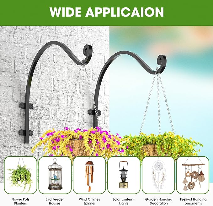 EPHECH 4 Pack Heavy Duty Plant Hanger Hook for Outdoor and Indoor, 16Inch Wall Hanging Basket Bracket, Black Metal Outdoor Hanging Bracket for Hanging Flower Pot Bird Feeder Lanterns