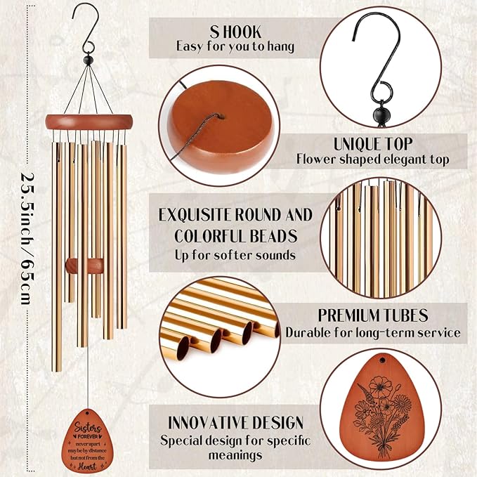 Sister Gifts Wind Chimes - Waterproof Metal Windchimes with Card Indoor Outdoor Hanging Decor for Garden Patio Yard Balcony Backyard Porch Home Christmas New Year Birthday Gift from Sisters