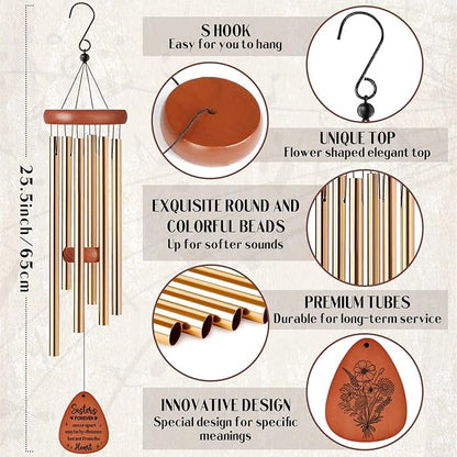Sister Gifts Wind Chimes - Waterproof Metal Windchimes with Card Indoor Outdoor Hanging Decor for Garden Patio Yard Balcony Backyard Porch Home Christmas New Year Birthday Gift from Sisters