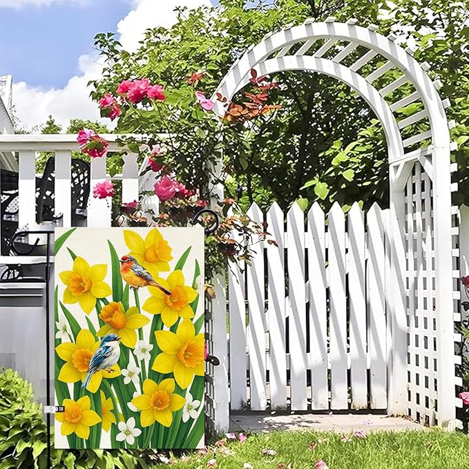 Baccessor Spring Summer Daffodils Garden Flag 12.5 x 18 Inch Double Sided Burlap Bluebirds Yellow Flower Green Leaf Farmhouse Small Yard Flag Summer Holiday Seasonal Outdoor Outside Decoration