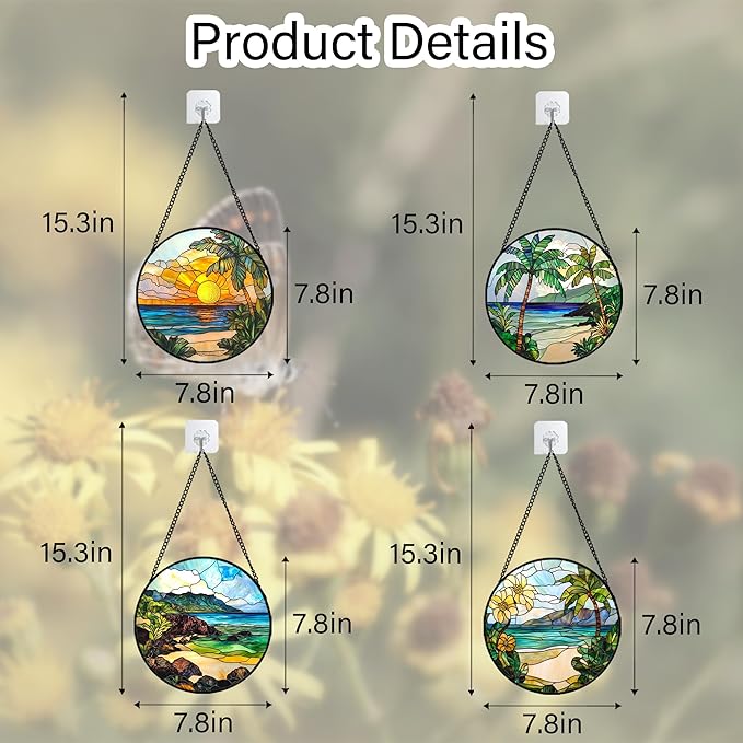 DASTOLL Stained Glass Window Hanging 4 Pcs Set Blue Ocean Coconut Tree Scenery 7.8" - Suncatcher Door Garden Sun Catcher Decor Birthday Christmas for Mom Woman Nana Men